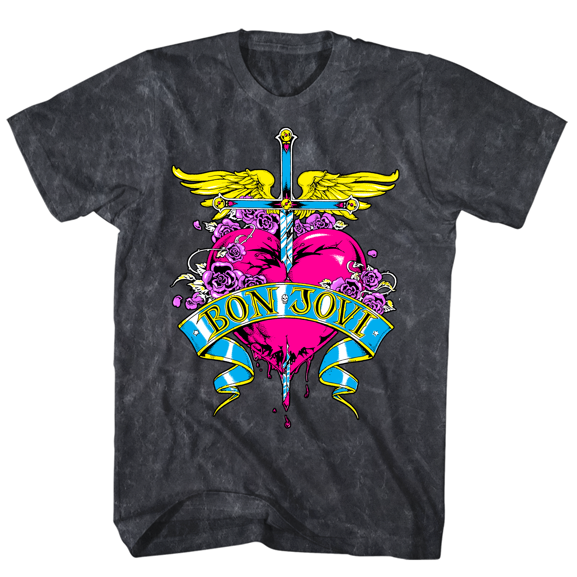 BON JOVI HEART VINTAGE MINERAL WASH BLACK T-SHIRT