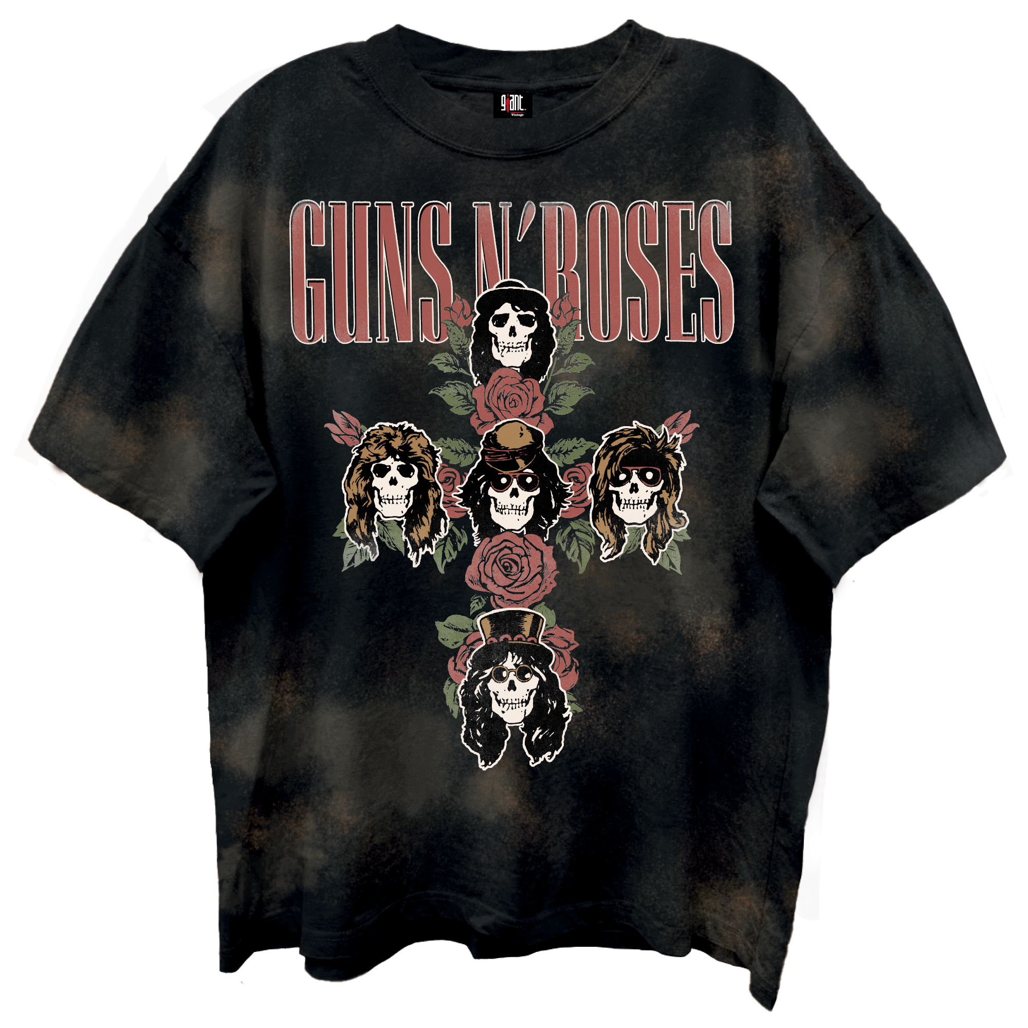 GUNS N ROSES ROSE CROSS LIMO BLACK BLEACH WASH T-SHIRT/GIANT GUNS N ROSES ROSE CROSS LIMO BLACK BLEACH WASH T-SHIRT/GIANT