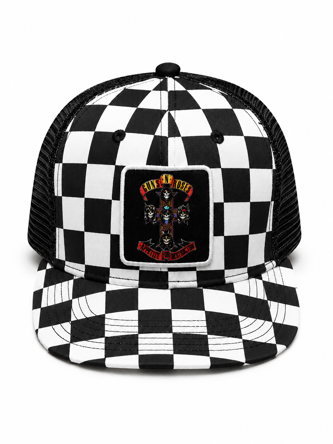 Guns N Roses
Sublimation Print Patch,
Screen Print Checker Bill,
Flat Embroidery Black/White 5 Panel Trucker Hat