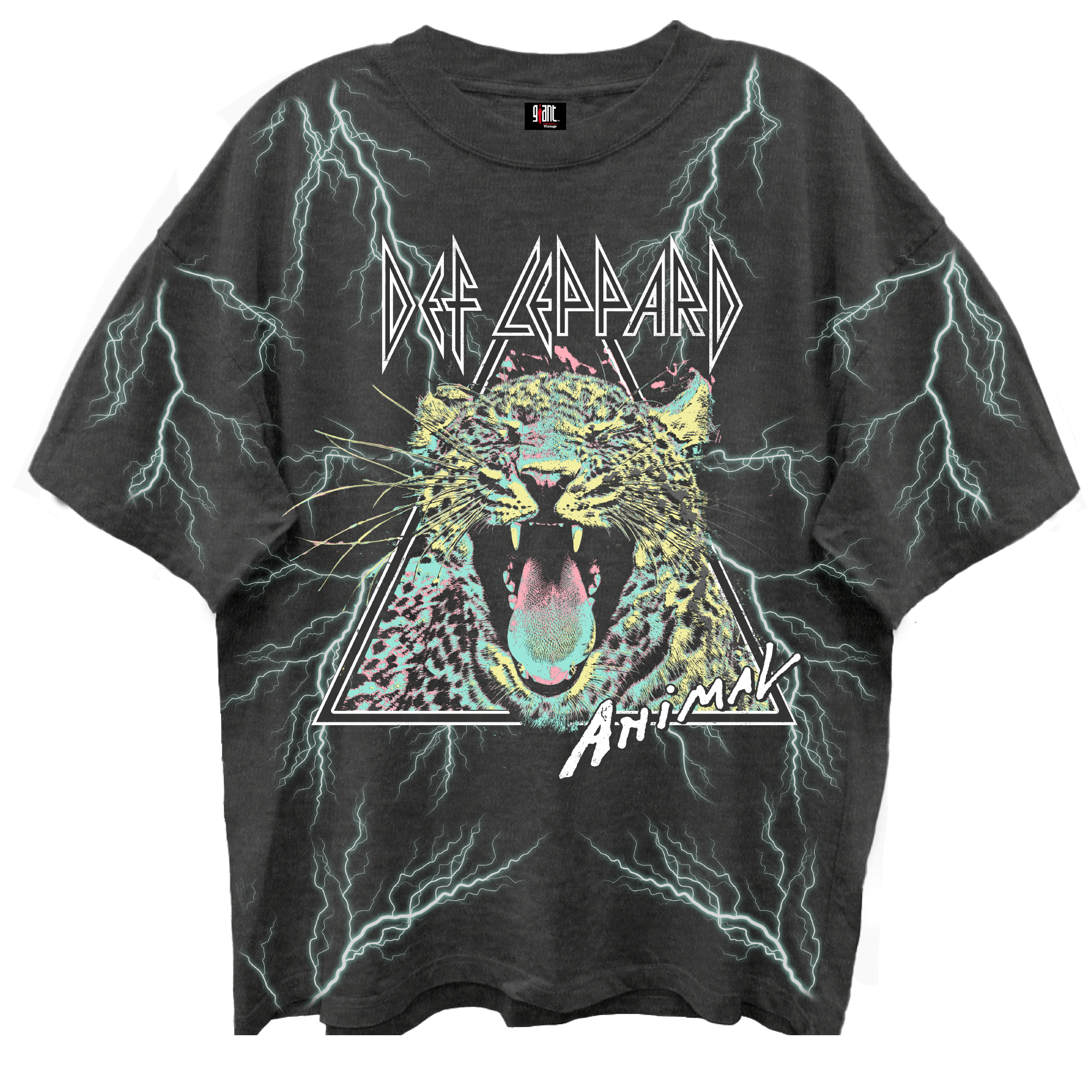 DEF LEPPARD ANIMAL ALL OVER PRINT VINTAGE BLACK ENZYME WASH T-SHIRT/GIANT VINTAGE T-SHIRT