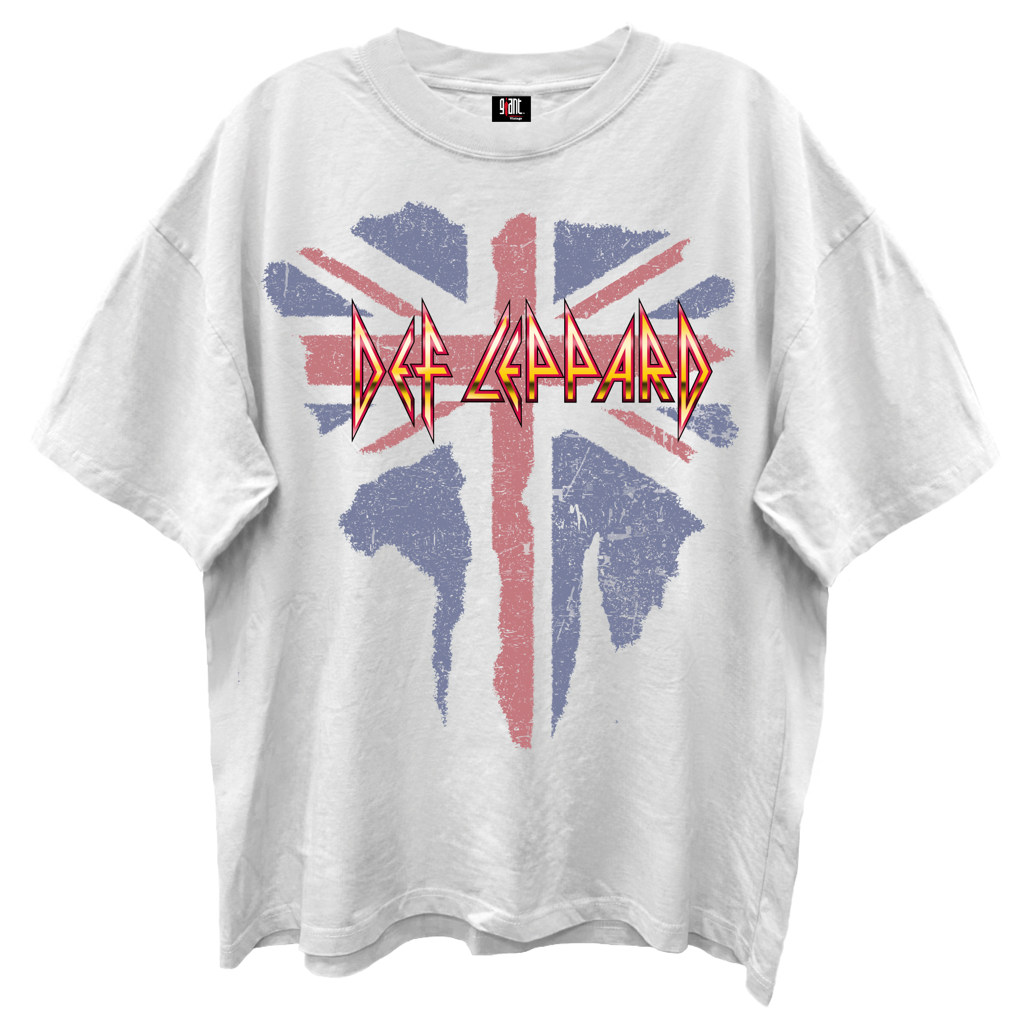 DEF LEPPARD BRITISH FLAG LOGO BLANC WHITE ENZYME WASH T-SHIRT/GIANT VINTAGE T-SHIRT