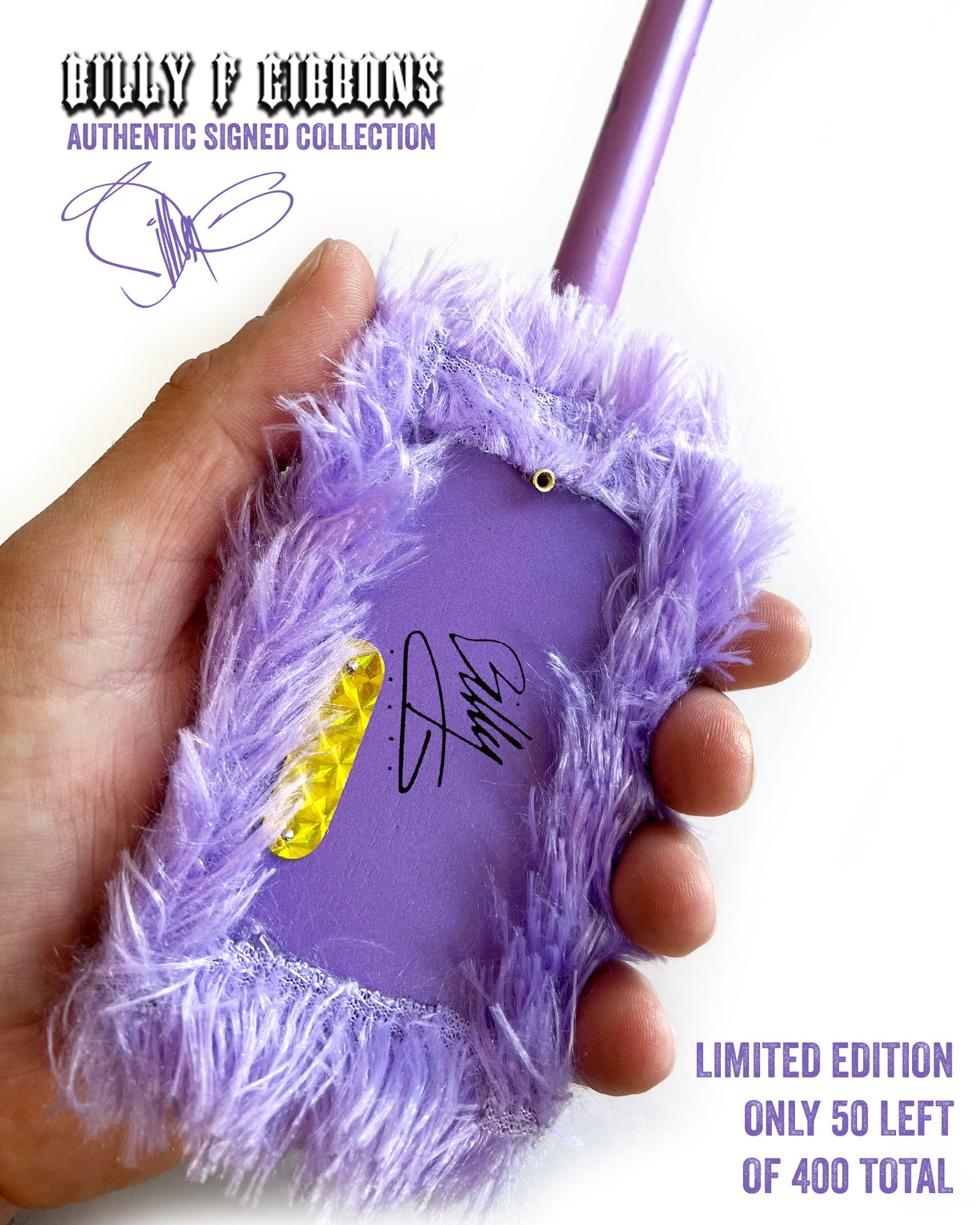 BILLY F GIBBONS AUTOGRAPHED "PURPLE FUR" MINI GUITAR MODEL LIMITED - ONLY 50 LEFT