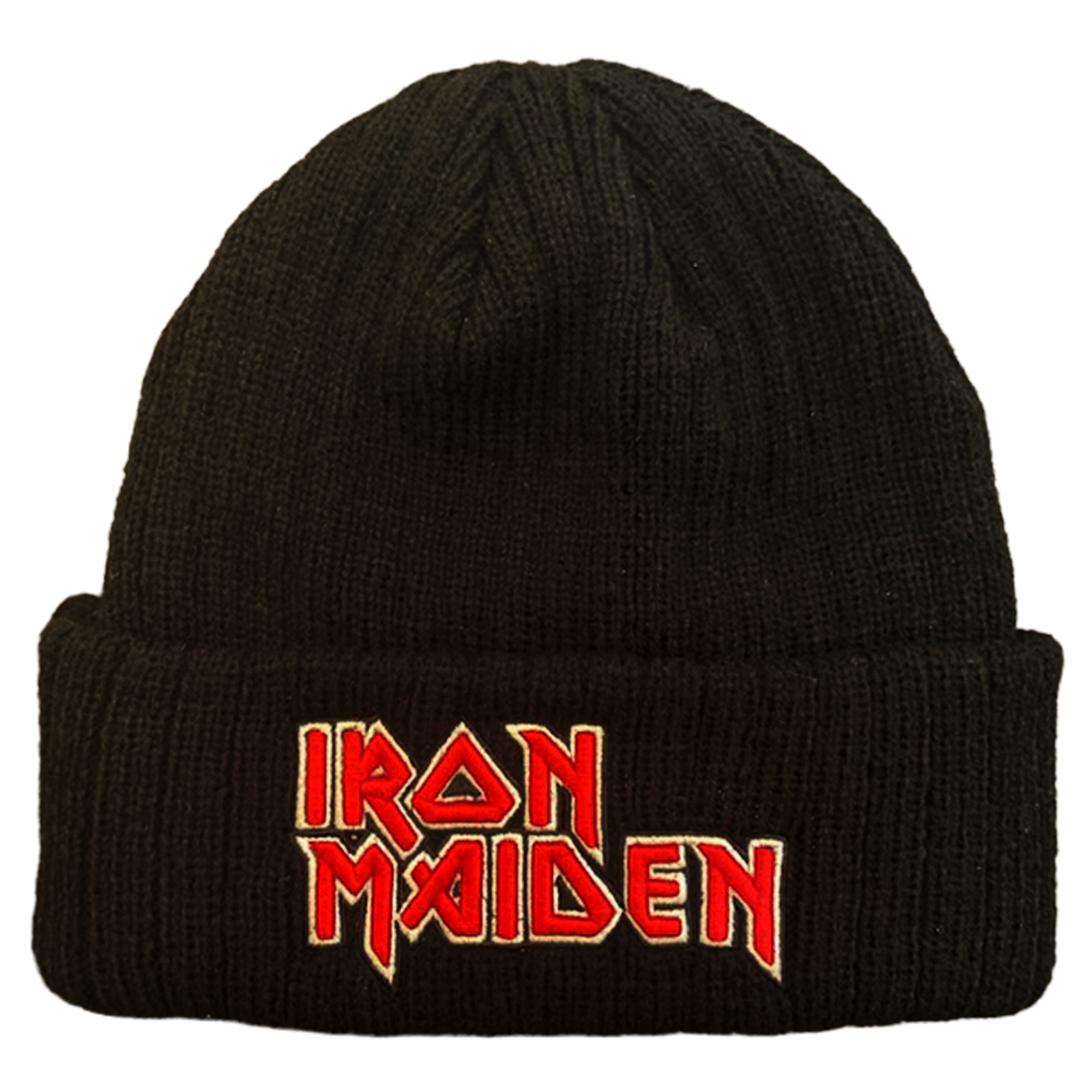 IRON MAIDEN EMBROIDERED LOGO 3X1 RIBBED BLACK ACRYLIC KNIT HAT/OSFM