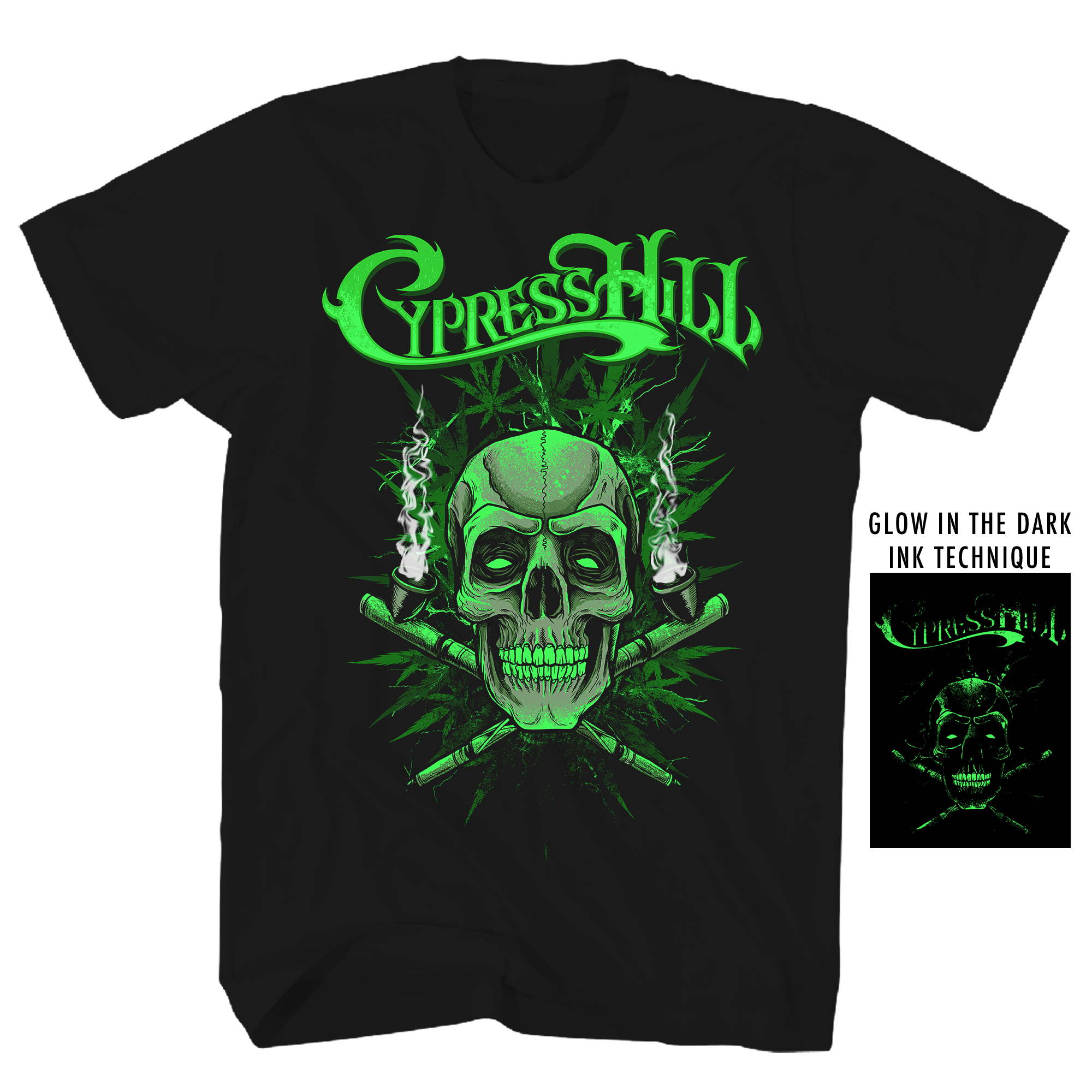 CYPRESS HILL GLOW IN THE DARK GANJA SKULL BLACK T-SHIRT