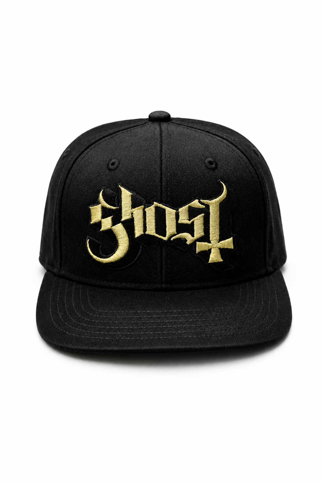 Ghost
3D/Flat Embroidery
Metallic Gold Thread Black 6 Panel Flatbill Snapback Cap