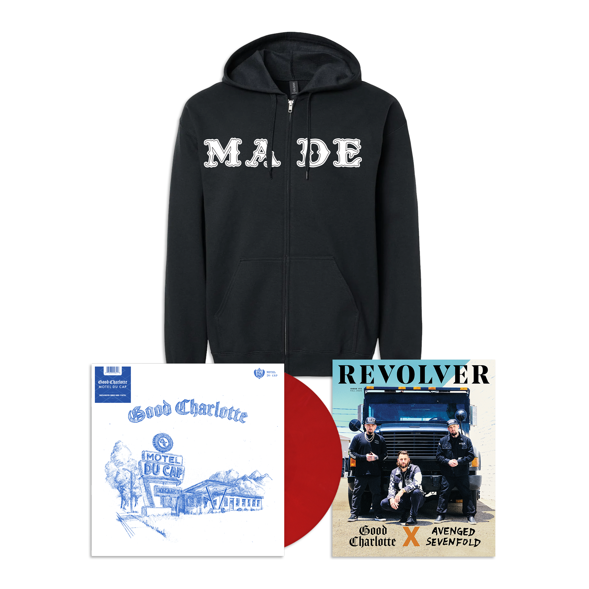 GOOD CHARLOTTE ‘MOTEL DU CAP’ LP (Exclusive, Deep Red Vinyl) + REVOLVER FALL 2025 ISSUE & EXCLUSIVE MADE ZIP UP HOODIE