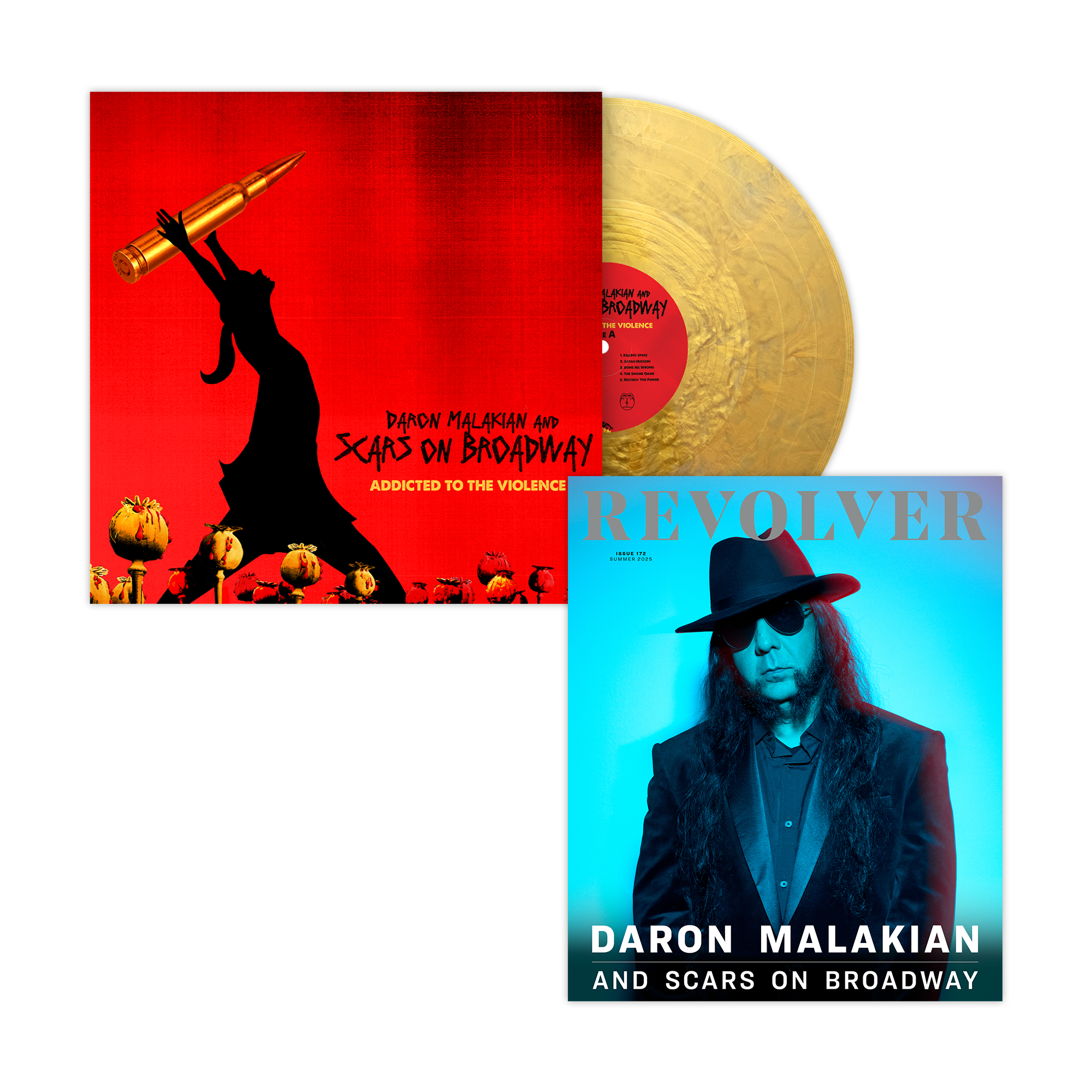 DARON MALAKIAN AND SCARS ON BROADWAY ‘ADDICTED TO THE VIOLENCE’ LP (Exclusive – Limited to 300, Metallic Gold Vinyl) REVOLVER SUMMER 2025 ISSUE