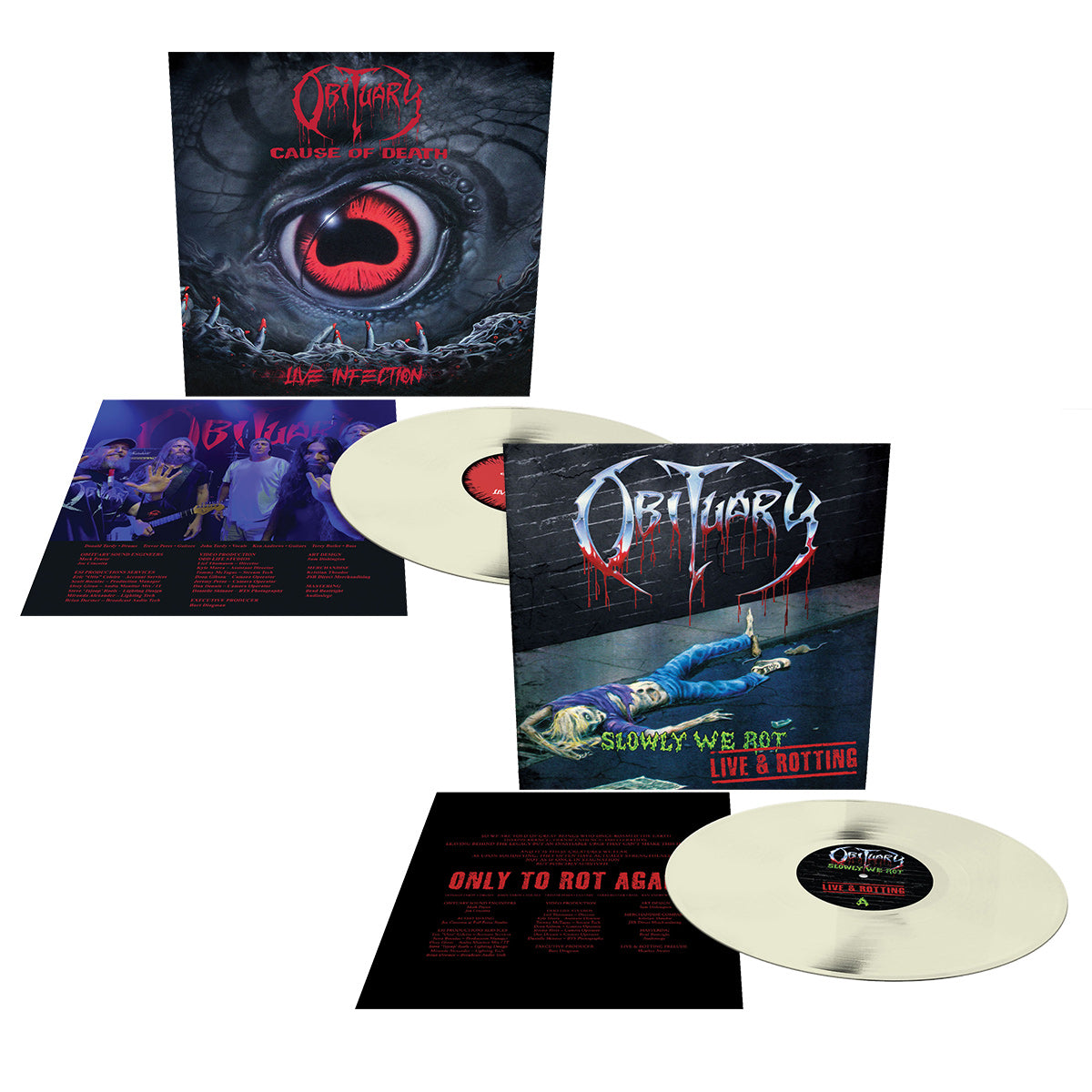 OBITUARY ‘CAUSE OF DEATH - LIVE INFECTION’ & 'SLOWLY WE ROT - LIVE AND ROTTING' LIVE LP BUNDLE (Limited Edition – Only 235 Made, Bone White Vinyl)