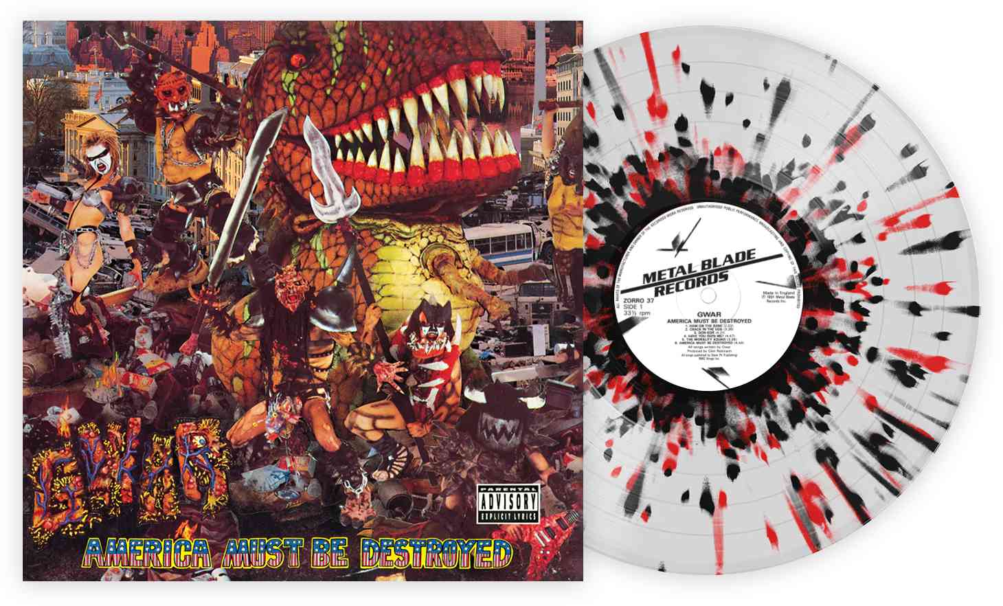GWAR 'AMERICA MUST BE DESTROYED' CLEAR WITH RED AND BLACK SPLATTER LP