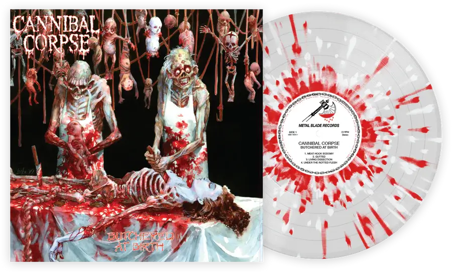 CANNIBAL CORPSE 'BUTCHERED AT BIRTH' CLEAR WITH RED AND WHITE SPLATTER LP