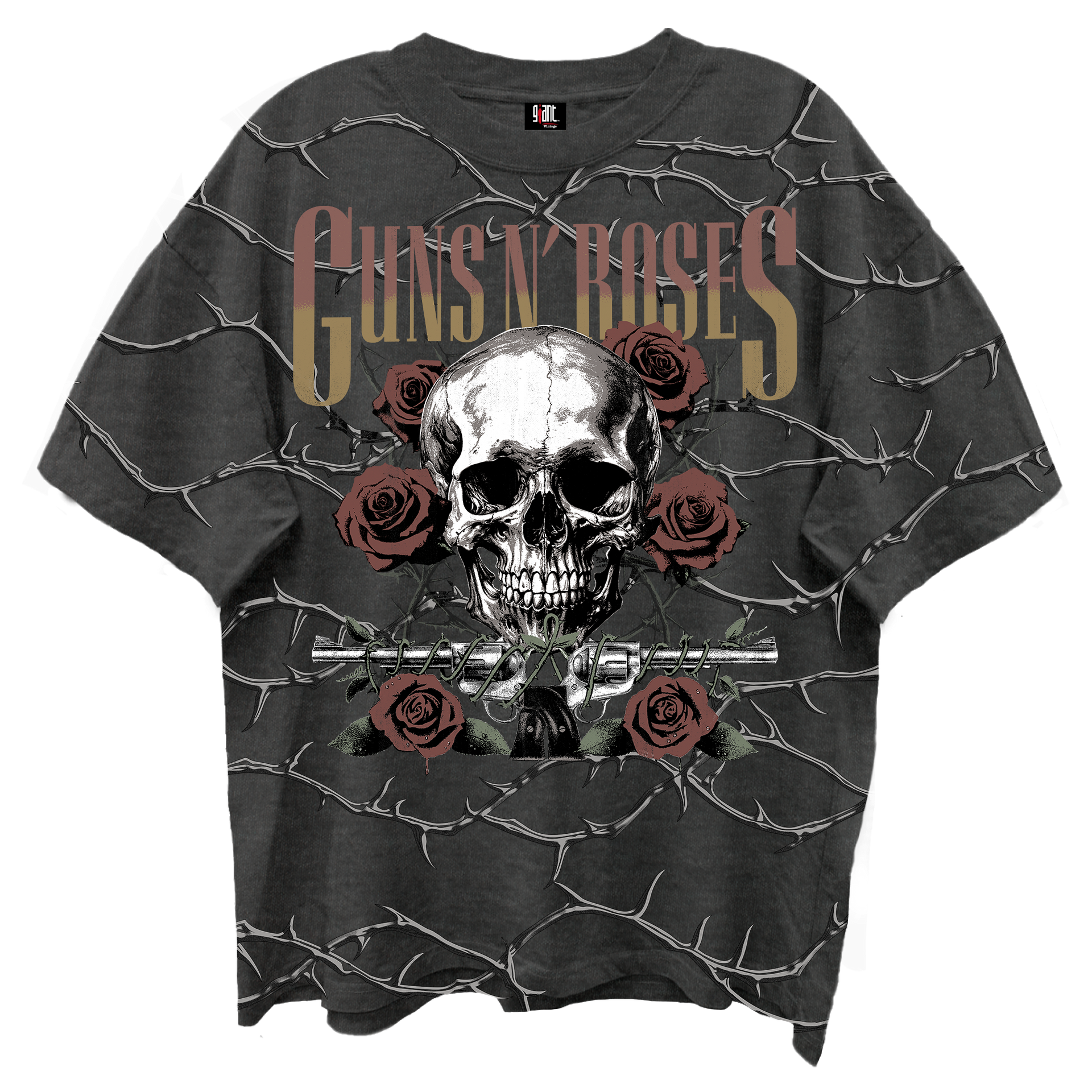GUNS N ROSES SKULL ROSES FRONT/BCK VINTAGE BLACK ENZYME WASH T-SHIRT/G
