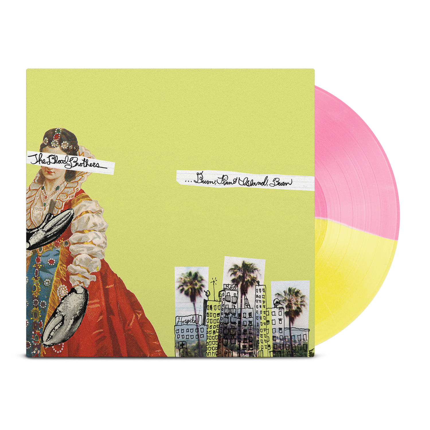 THE BLOOD BROTHERS ‘BURN, PIANO ISLAND, BURN’ DELUXE COLLECTOR'S EDITION LP + 7" (Limited Edition – Only 500 Made, Half Opaque Yellow / Half Opaque Pink Vinyl)