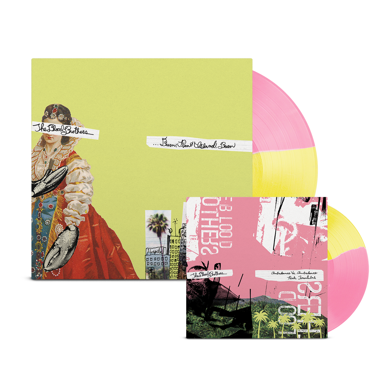 THE BLOOD BROTHERS ‘BURN, PIANO ISLAND, BURN’ DELUXE COLLECTOR'S EDITION LP + 7" (Limited Edition – Only 500 Made, Half Opaque Yellow / Half Opaque Pink Vinyl)