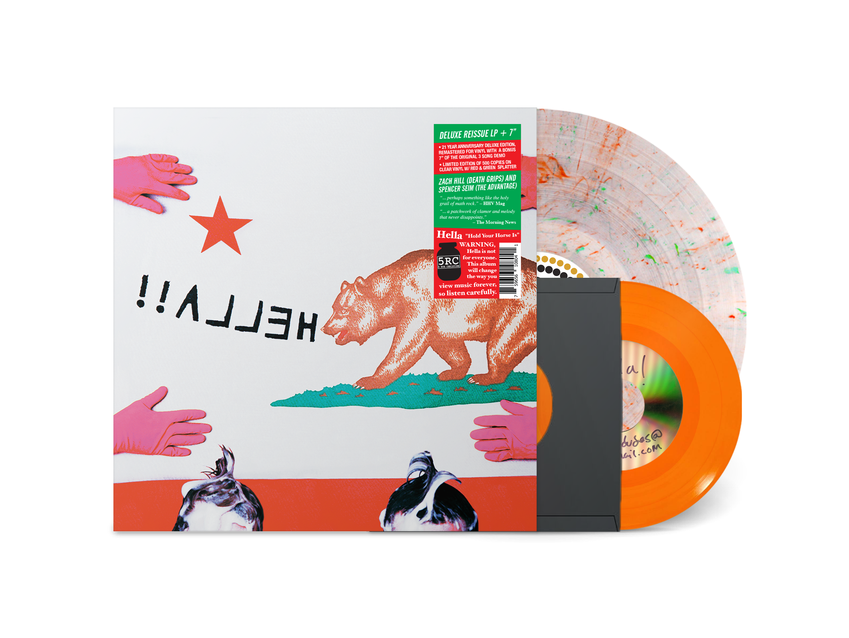 HELLA ‘HOLD YOUR HORSE IS’ LP + 7" (Limited Edition – Only 500 Made, Clear w/ Red & Green Splatter w/ Orange 7" Vinyl)