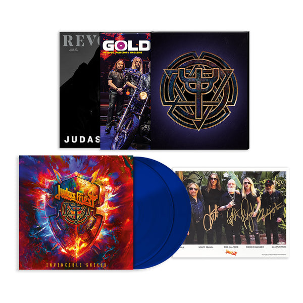 JUDAS PRIEST X REVOLVER BUNDLE - REVOLVER SPRING 2024 ISSUE & GOLDMINE SPRING 2024 ISSUE W/ BAND SIGNED 8X10" IN NUMBERED SLIPCASE + JUDAS PRIEST 'INVINCIBLE SHIELD' 2LP (Limited Edition – Only 1000 Made, Blue Vinyl)