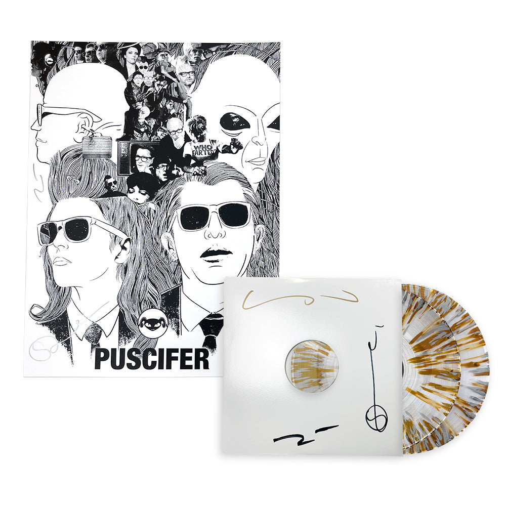 PUSCIFER ‘EXISTENTIAL RECKONING’ 2LP (AUTOGRAPHED TOUR VARIANT #29 – Clear w/ Gold And Silver Vinyl) + AUTOGRAPHED POSTER