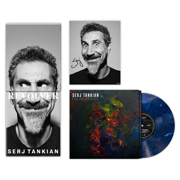 SERJ TANKIAN X REVOLVER BUNDLE - REVOLVER FALL 2024 ISSUE IN NUMBERED SLIPCASE W/ SIGNED 8"X10" & ‘FOUNDATIONS’ EP (Limited Edition – Only 500 Made, Dark Blue Marble w/ Etched B-Side Vinyl)