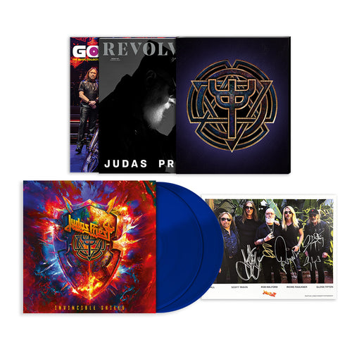 JUDAS PRIEST X REVOLVER BUNDLE - REVOLVER SPRING 2024 ISSUE & GOLDMINE SPRING 2024 ISSUE W/ BAND SIGNED 8X10" IN NUMBERED SLIPCASE + JUDAS PRIEST 'INVINCIBLE SHIELD' 2LP (Limited Edition – Only 1000 Made, Blue Vinyl)
