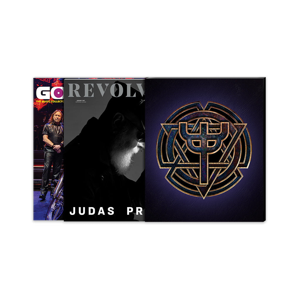 JUDAS PRIEST X REVOLVER BUNDLE - REVOLVER SPRING 2024 ISSUE & GOLDMINE SPRING 2024 ISSUE W/ BAND SIGNED 8X10" IN NUMBERED SLIPCASE + JUDAS PRIEST 'INVINCIBLE SHIELD' 2LP (Limited Edition – Only 1000 Made, Blue Vinyl)