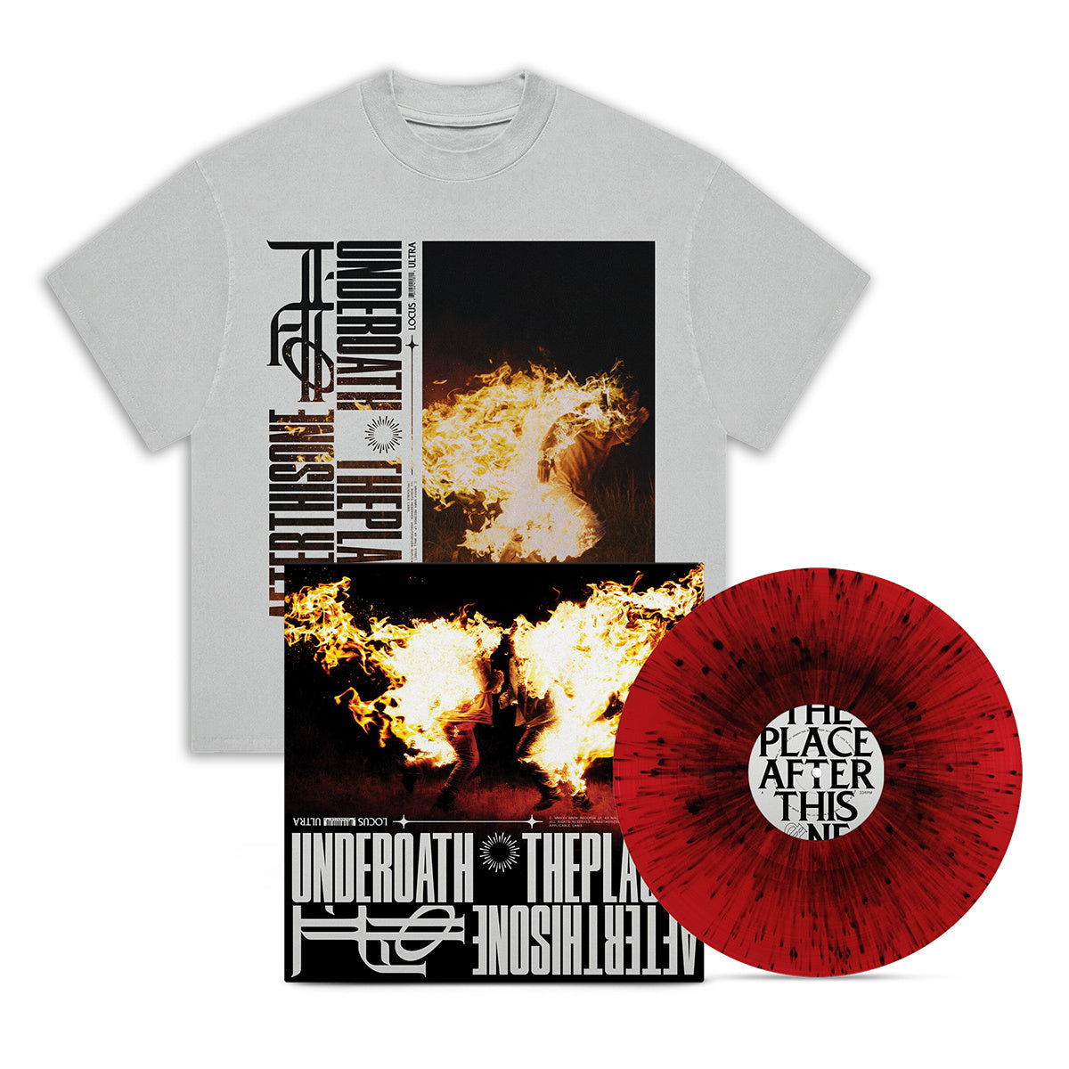 UNDEROATH ‘THE PLACE AFTER THIS ONE’ LP (Limited Edition – Only 300 Made, Translucent Red w/ Black Splatter Vinyl) + EXCLUSIVE "FIRE RUN" WHITE T-SHIRT