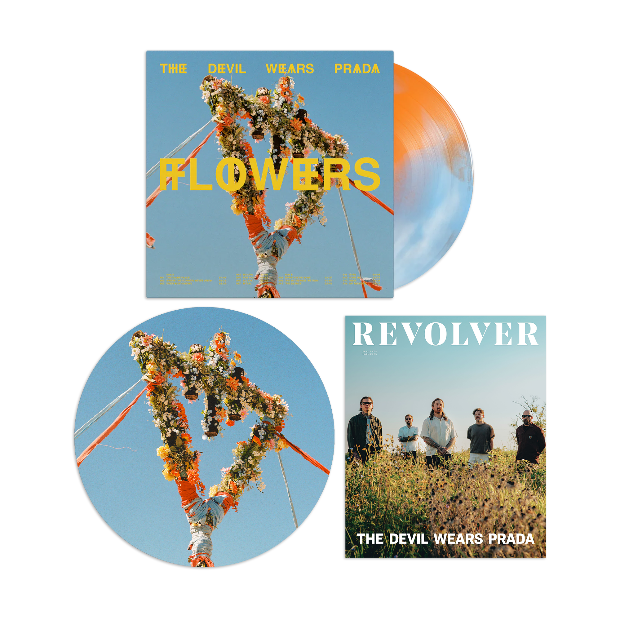 THE DEVIL WEARS PRADA ‘FLOWERS’ LP (Exclusive – Tangerine, Baby Blue, & Bone Smash Vinyl) + REVOLVER FALL 2025 ISSUE & EXCLUSIVE SLIPMAT