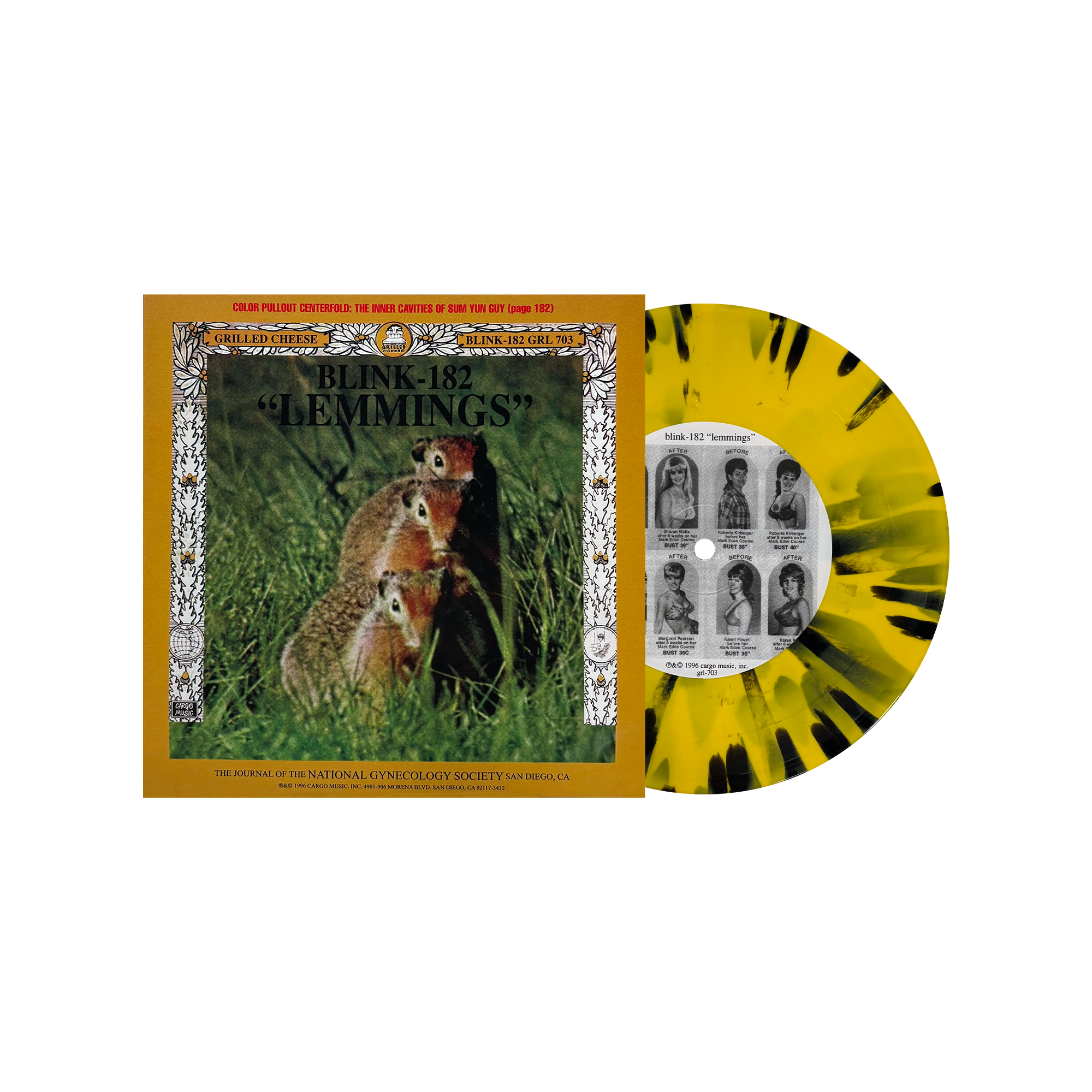 BLINK 182/SWINDLE ‘LEMMINGS SPLIT’ 7” (Exclusive – Limited to 300, Mustard w/ Black Splatter Vinyl)