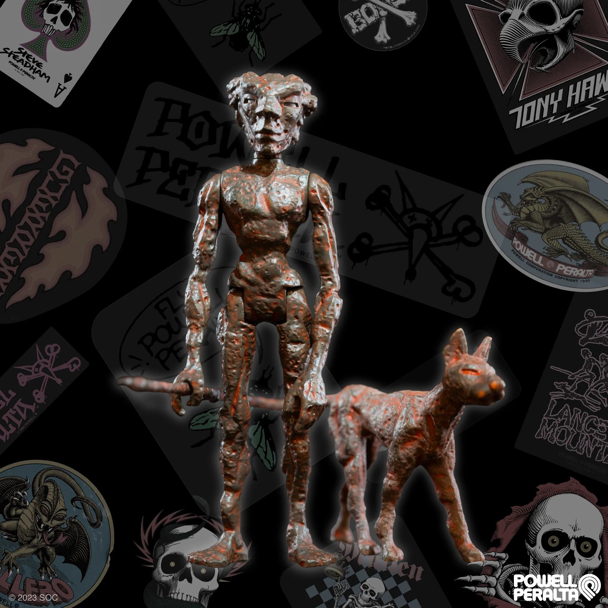 Powell Peralta Lance Mountain Lava Rock Figure Frontside Holding Staff Next to Dog Black Background