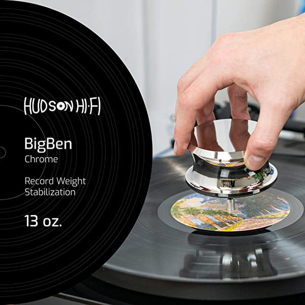 HUDSON HI-FI: BIGBEN CHROME RECORD WEIGHT STABILIZER WITH PROTECTIVE LEATHER PAD