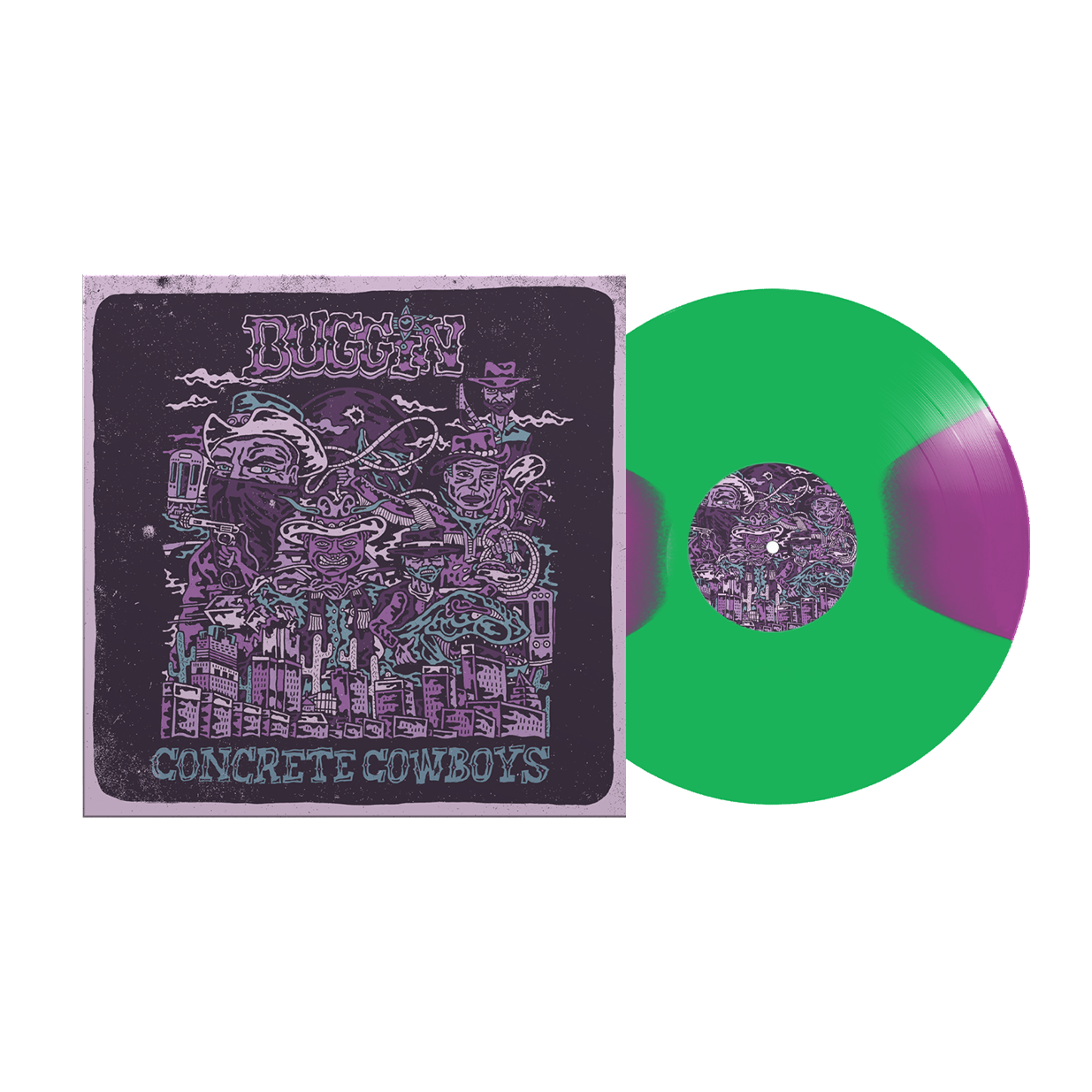 BUGGIN ‘CONCRETE COWBOWS’ LP (Limited Edition – Only 100 made, Transparent Green & Neon Violet Moon Phase Vinyl)