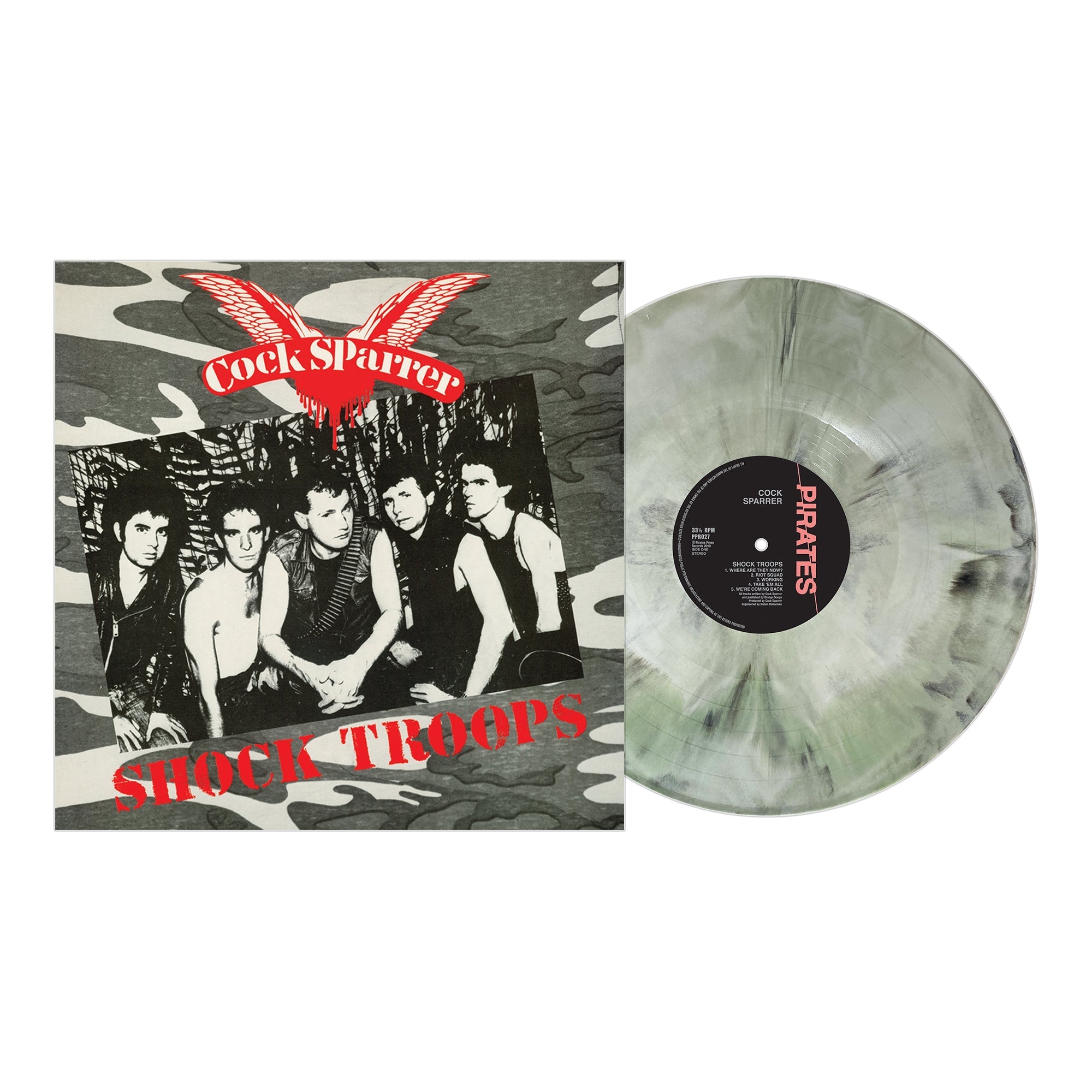 COCK SPARRER 'SHOCK TROOPS' LP (White, Black, & Olive Green Galaxy Vinyl)