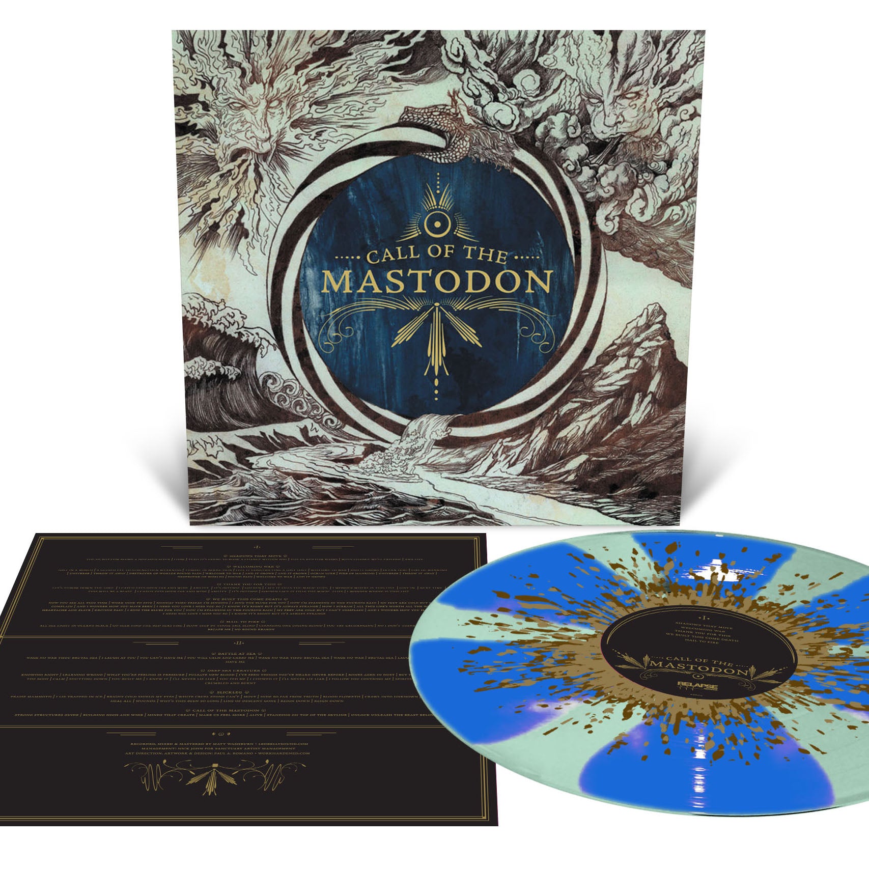 Mastodon 'Call of the Mastodon' LP (Coke Bottle Green w/ Aqua Blue Pinwheels, Brown & Metallic Gold Splatter Vinyl)