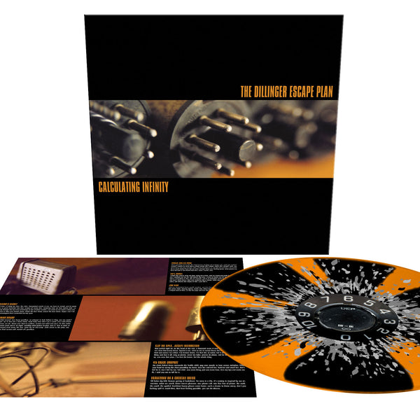THE DILLINGER ESCAPE PLAN 'CALCULATING INFINITY REISSUE' NEON ORANGE WITH BLACK PINWHEELS AND BLACK METALLIC SILVER AND GREY SPLATTER LP – LIMITED TO 555